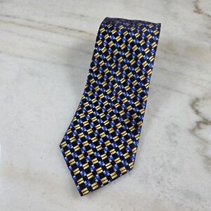 Allyn St. George Silk Tie Blue Gold Yellow Geometric Square Pattern Professional